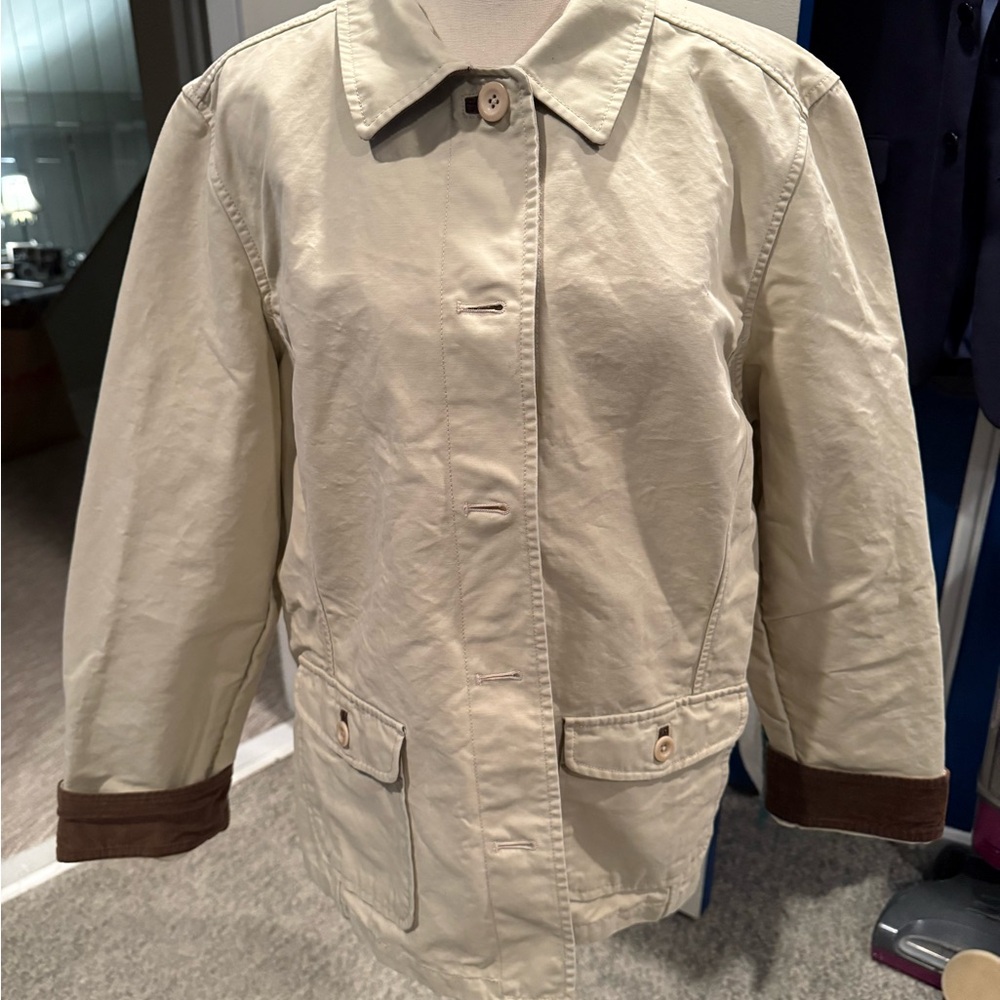 Lands' End khaki Canvas Chore Coat Utility Jacket with Brown Trim Large 14-16